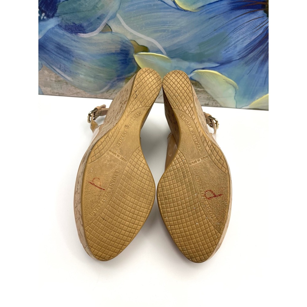 Stuart Weitzman Nude Patent Leather Cork Platform Wedge Peep Toe Sandals Size 6 - Picture 8 of 9